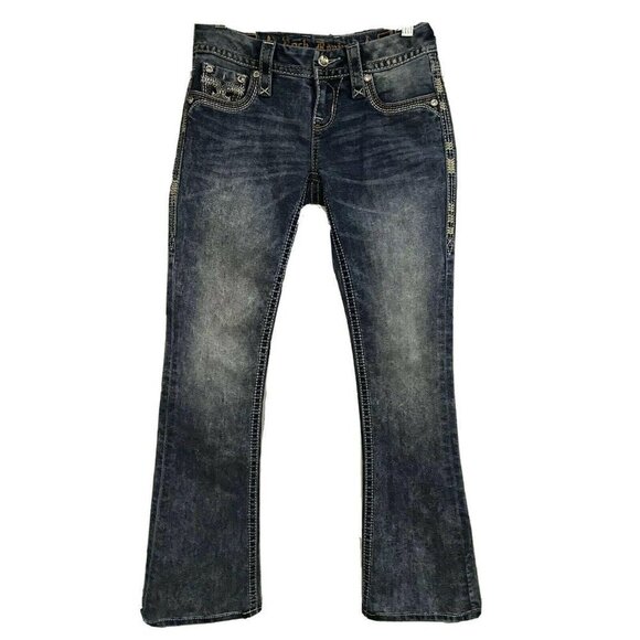 Rock Revival Luz Boot Blue Denim Jeans 25x29 Stretch Leather Flap Pockets Bling - Picture 2 of 11